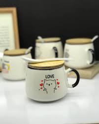 ماگ سفید درب دار و قاشق دار LOVE